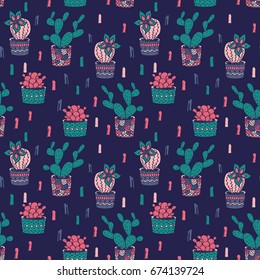 Cactus seamless pattern. Trendy boho background. Cacti fabric print design. Succulent textile surface.