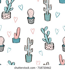 Cactus Seamless Pattern. Trendy Boho Background. Cacti Fabric Print Design. Succulent Textile Surface.