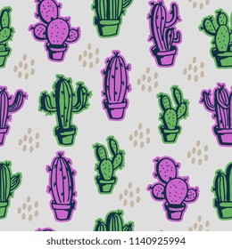 Cactus seamless pattern with trendy colorful summer style green and pink background.