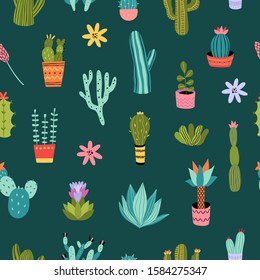 Cactus seamless pattern. Vector background with succulents and home plants. Cacti flowers botanical repeat graphic print