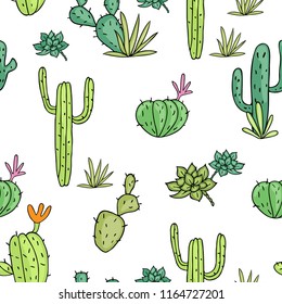 cactus seamless pattern of vector drawings on white background