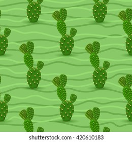 Cactus seamless pattern. Vector illustration with cactus, green wave, light green background