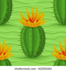 Cactus seamless pattern. Vector illustration with cactus, green wave, light green background