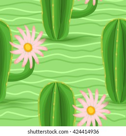 Cactus seamless pattern. Vector illustration with cactus, green wave, light green background