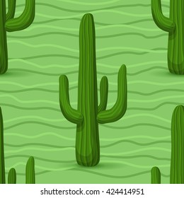 Cactus seamless pattern. Vector illustration with cactus, green wave, light green background