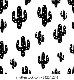 Cactus seamless pattern. Vector illustration. Concept of black cactus with cute hearts on white background. Fabric print, eps10.