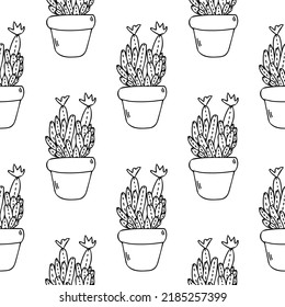Cactus seamless pattern vector line art. Cute black succulent in pot illustration. Mexican house cacti in flowerpot. Simple plant in a planter with sharp spines. Natural fun home decor element.