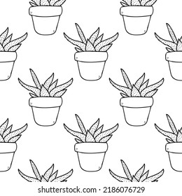 Cactus seamless pattern vector line art. Cute black succulent in pot illustration. Mexican house cacti in flowerpot. Simple plant in a planter with sharp spines. Natural fun home decor element.