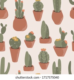 Cactus seamless pattern. Wildlife wallpaper background. Cacti fabric print texture. Succulent plant textile surface. Hand-drawn flower decorative wrapping.