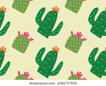 Cactus seamless pattern. Cactus wrapping paper, fabric pattern, background with hand drawn vector illustration