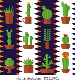Cactus seamless pattern.Modern flat vector.Collection of succulents,strips zigzag baskground.Green plant icons,desert nature,floral exotic,tropical flower,Home cactus garden,wild botany illustration.