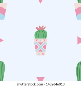 Cactus seamless pattern.White background with pink triangles.
