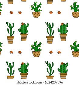 Cactus seamless vector pattern. Blooming cactus on white background illustration for your web design.