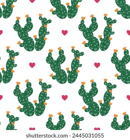 Cactus seamless vector pattern. Blooming prickly pear with green stem, orange flowers, spines and hearts. Indoor or desert succulent. Exotic Mexican plant. Hand drawn cartoon background with opuntia