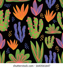 Cactus seamless vector pattern. Cacti in bright colors on black background. Modern nature repeated texture with green blue orange plants. Natural hand drawing background with desert plants.
