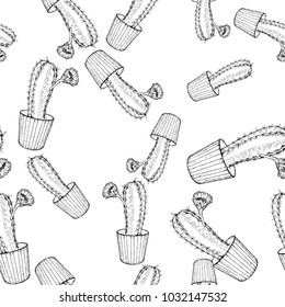 Cactus seamless vector pattern with cereus . Cacti fabric print design. Potted cactus and succulent textile surface. Hand drawn vector illustration. Elements for your design. Engraving style