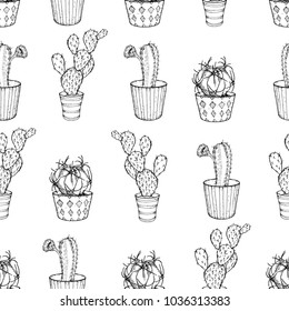 Cactus seamless vector pattern with echinocactus,cereus and Opuntia. Cacti fabric print design. Potted cactus and succulent. Hand drawn vector illustration. Elements for your design. Engraving style