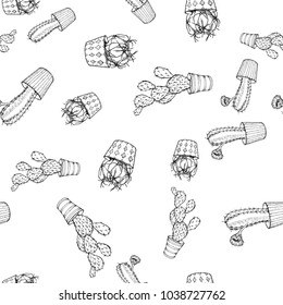 Cactus seamless vector pattern with echinocactus,cereus and Opuntia. Cacti fabric print design. Potted cactus and succulent. Hand drawn vector illustration. Elements for your design. Engraving style