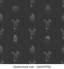 Cactus seamless vector pattern on a gray background. Flowers are painted with hands and white ink. Indoor cacti and succulents for blog, print, fabric, wrapping paper, cover.