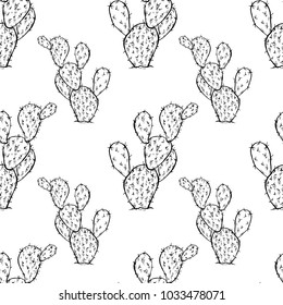 Cactus seamless vector pattern with Opuntia. Cacti fabric print design. Succulent textile surface. Hand drawn vector illustration. Elements for your design. Natural texture in engraving style