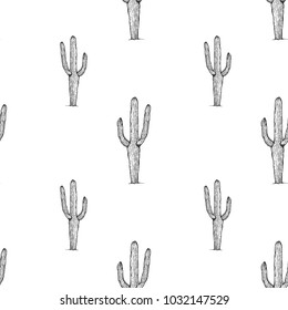 Cactus seamless vector pattern with saguaro. Cacti fabric print design. Succulent textile surface. Hand drawn vector illustration. Elements for your design. Natural texture in engraving style