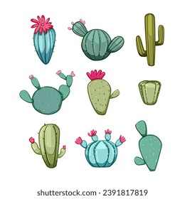 cactus set cartoon. succulent cacti, graphic collection, summer flower cactus sign. isolated symbol vector illustration