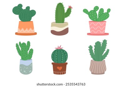 Conjunto de cactus. Colección de planta desértica con picos. Planta casera en maceta, suculenta. Vector aislado sobre fondo blanco