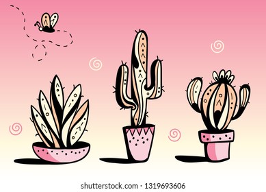 Cactus Set in Colour Freehand vector drawing ,Cute hand drawn vector cactus in pots with butterfly, Doodle decoration style Vector illustration - Vector