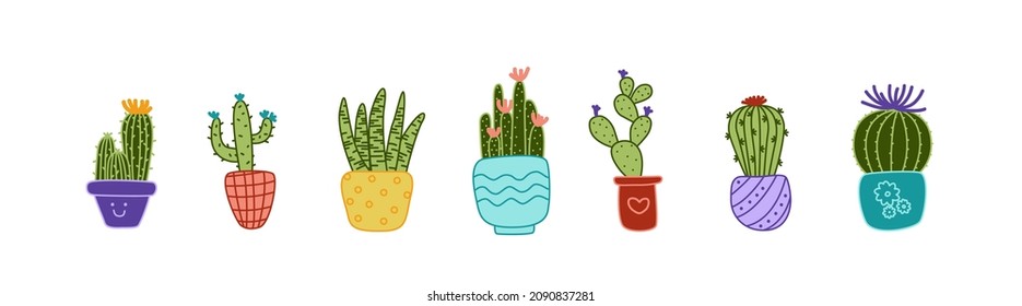 Cactus set.  Cute cacti clip art. Flowering plants in garden pots in cartoon style. Cactuses. Isolated vector stock illustration EPS 10 on white background 