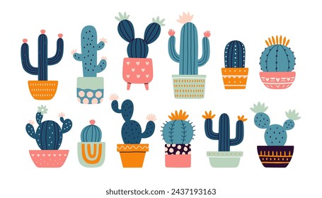 Cactus set. Desert spiny plant, mexico cacti flower and tropical home plants or arizona summer climate garden cactuses.