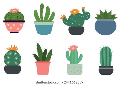 Cactus set. Desert spiny plant, mexico cacti flower and tropical home plants or arizona summer climate garden cactuses. Isolated element of nature desert flora, mexican garden bundle.