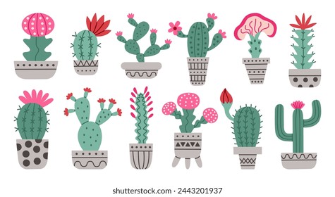 Cactus set. Desert spiny plant, Mexico cacti flower and tropical home plants or Arizona summer climate garden cactuses.