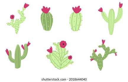 Cactus set. Doodle flowers and plant. Vector childish nursery illustration in cartoon hand drawn style