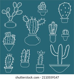Cactus set. Doodle style.Blue vector illustration. Mexican botanical cactuses in pots. Hand drawn sketch.