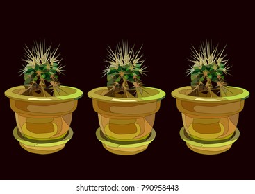 cactus set in the flowerpot. realistic vector art on a dark background