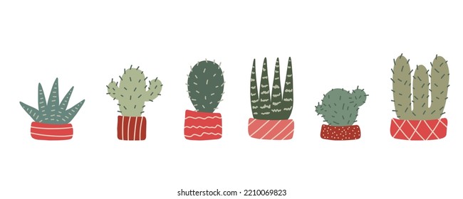 Cactus set. Hand drawn prickly cactus cacti plant with thorns pot. Hand-drawn doodle desert tropical cactus with spines and flowers. Flat cartoon vector illustration isolated on white background.