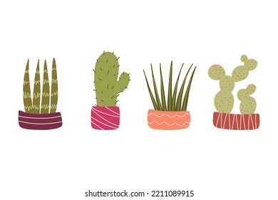 Kaktus-Set. Handgezogene Kaktuskaktus cacti succulentpflanze mit Dorntopf. Handgezeichnet doodle Wüste tropische Kaktus mit Stacheln und Blumen. Flache Cartoon-Vektorgrafik, einzeln auf Weiß.