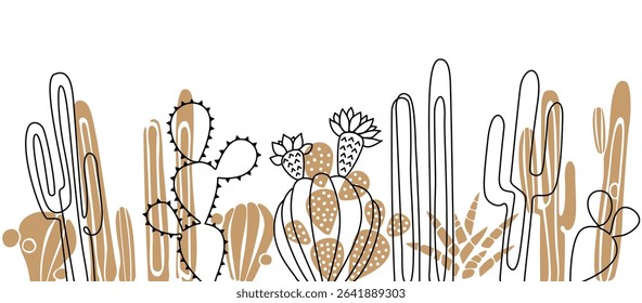 Cactus set. Horizontal pattern with cacti on a white background. Vector illustration.