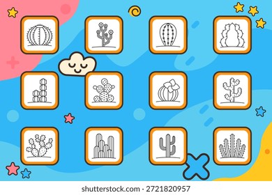 Ícone de conjunto de cactos. Barril, pera espinhosa, saguaro, flora do deserto, flor, empilhada, florescendo, natureza selvagem, suculenta, espinhos. Natureza, planta, botânica, árida.