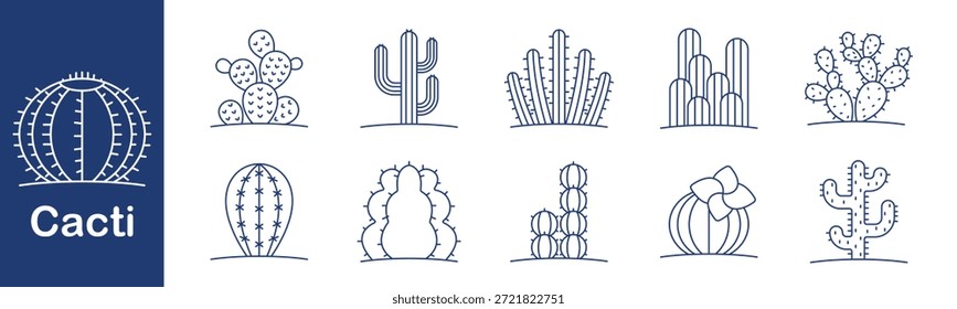Symbol für Kaktussatz. Kollektion von Illustrationen im Wüstenstil mit verschiedenen Formen, darunter runde, große, flache, segmentierte, geblümte und mehrarmige Silhouetten im Linienstil