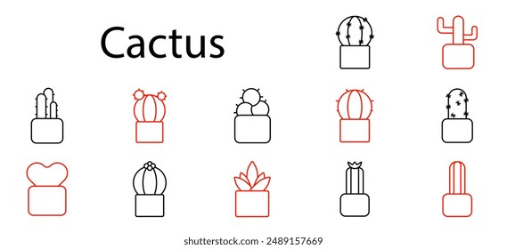 Cactus set icon. Plant, succulent, pot, desert, spines, botanical, nature, home, decoration, garden, green, indoor, flora, cactus, houseplant, foliage, thorny, growth, prickly.