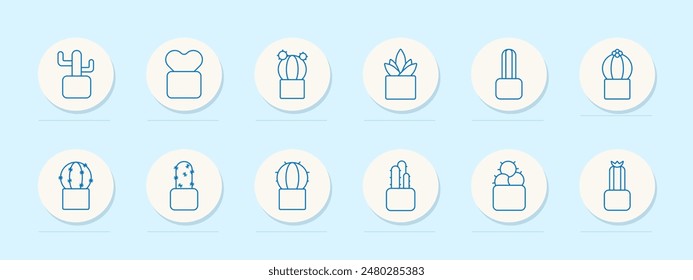 Cactus set icon. Various cacti types in pots. Succulent plants, desert flora, prickly plants, botanical collection, gardening. Vector line icons on blue background.