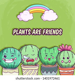 Cactus set illustration with funny face and lattering on green background