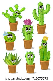 Cactus set images with cheerful muzzles. Vector illustration.