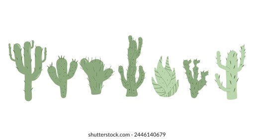 Cactus set isolation on white background. Mexican cacti and aloe. Exotic various plants collection Vector hand drawn flat illustration
