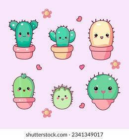 cactus set kawaii with eyes vector illustration