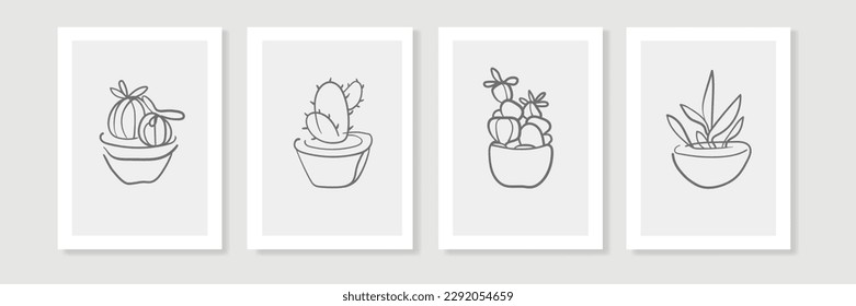 Cactus set in line art style on a beige background. Сontour minimalistic plants. Design for card template. Vector illustration