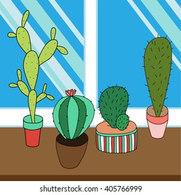 Cactus set on window in vector.