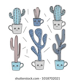 Cactus set pastel color. Line art summer style. Happy child imagination theme.