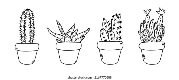Cactus set in pot vector sketch icons. Cute black succulents outline illustration. Mexican house cacti flowerpot line art. Simple plant in a planter with sharp spines. Natural fun home decor element.